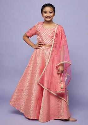 Peach Embroidered Blended Lehenga Choli For Girls