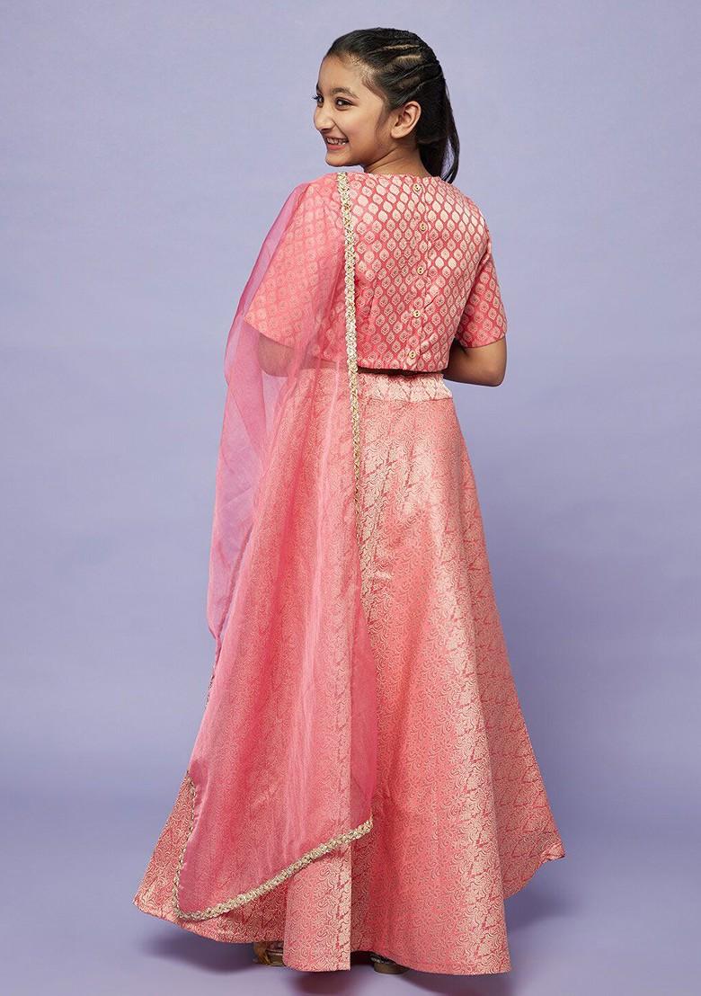 Peach Embroidered Blended Lehenga Choli For Girls - Indya