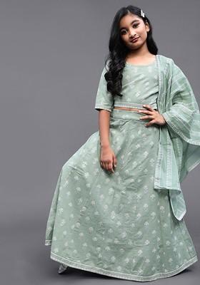Green Printed Cotton Blend Lehenga Choli For Girls