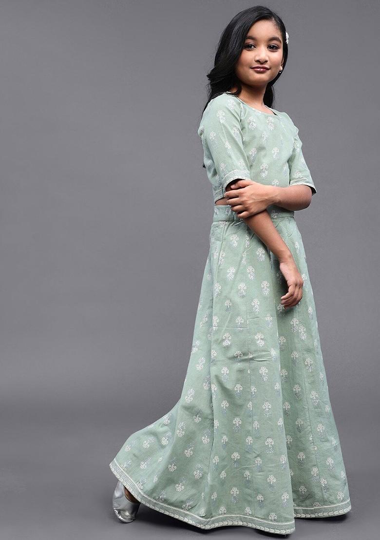 Green Printed Cotton Blend Lehenga Choli For Girls - Indya