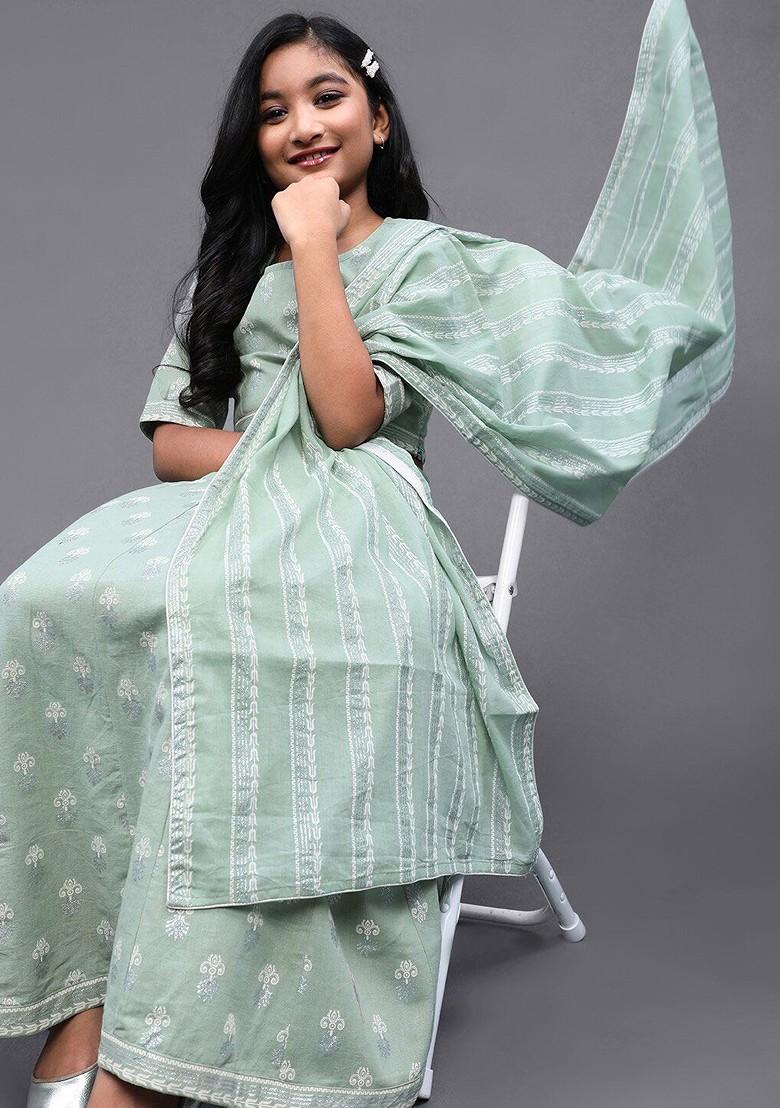 Green Printed Cotton Blend Lehenga Choli For Girls - Indya