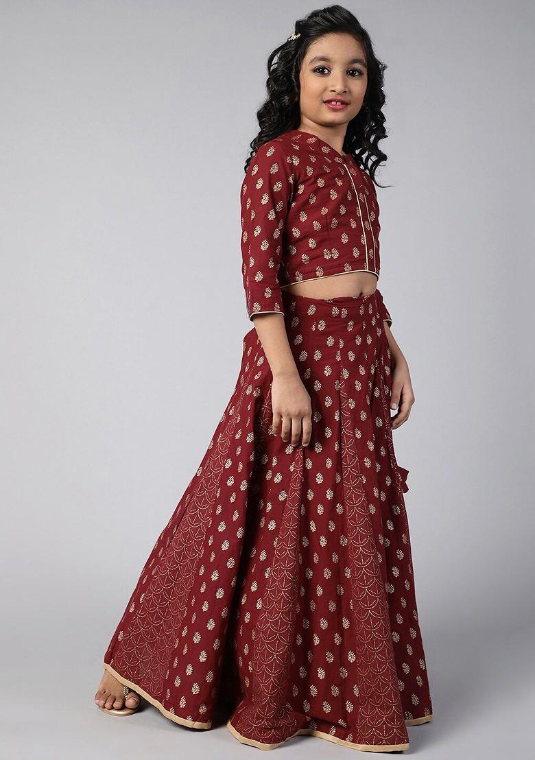 Maroon Printed Blended Lehenga Choli For Girls - Indya