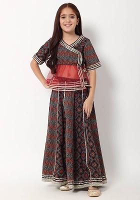 Maroon Printed Cotton Blend Lehenga Choli For Girls