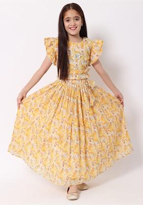 Yellow Printed Cotton Blend Lehenga Choli For Girls