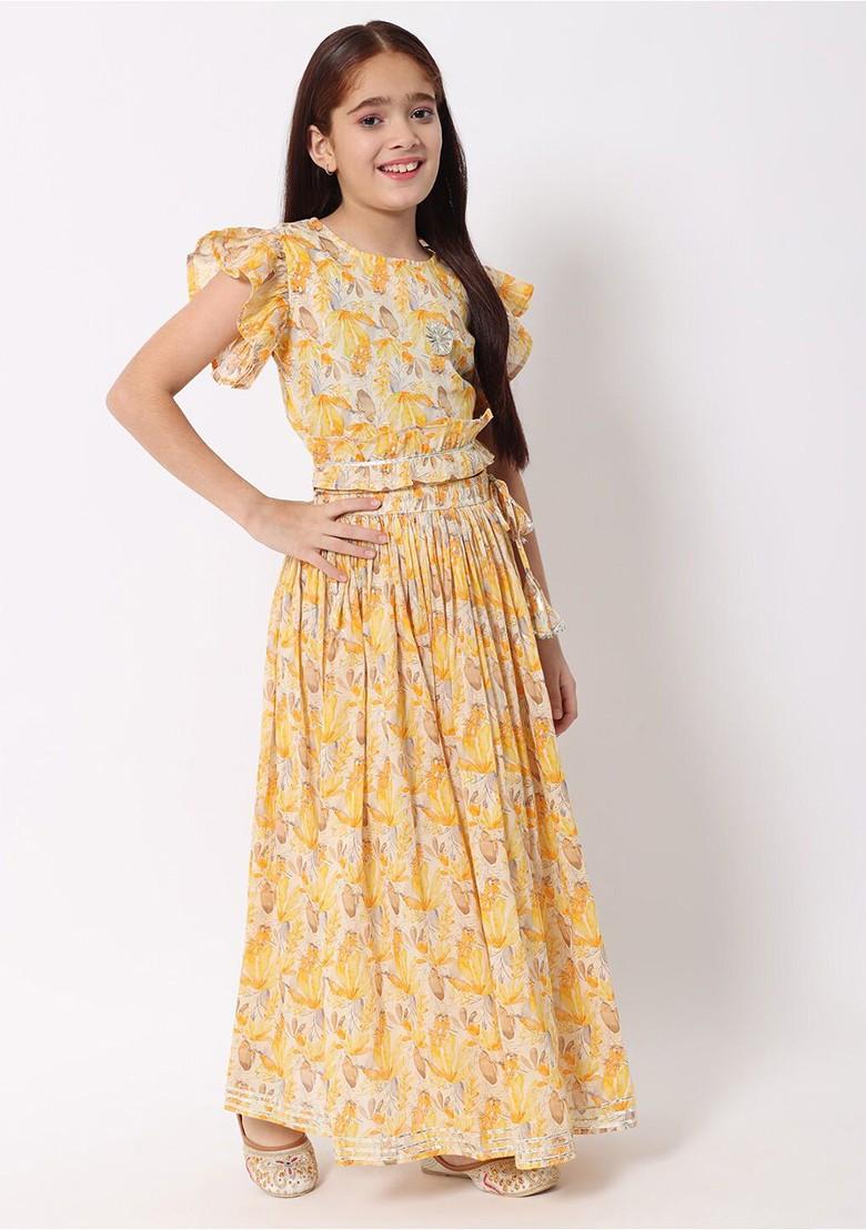 Yellow Printed Cotton Blend Lehenga Choli For Girls - Indya