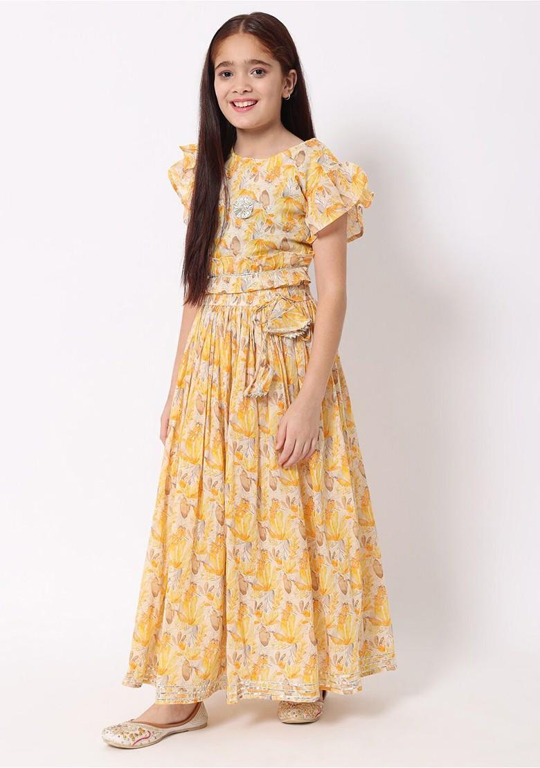Yellow Printed Cotton Blend Lehenga Choli For Girls - Indya