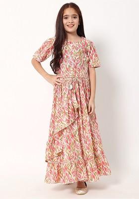 Cream Printed Blended Lehenga Choli For Girls