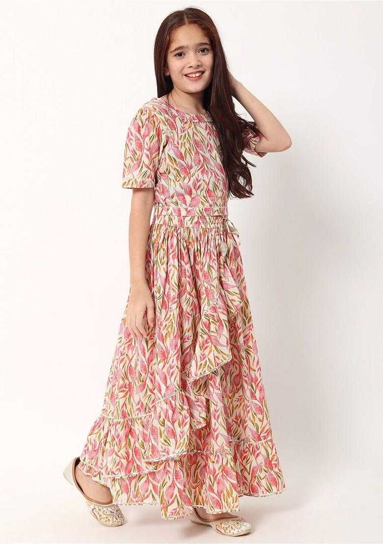 Cream Printed Blended Lehenga Choli For Girls - Indya