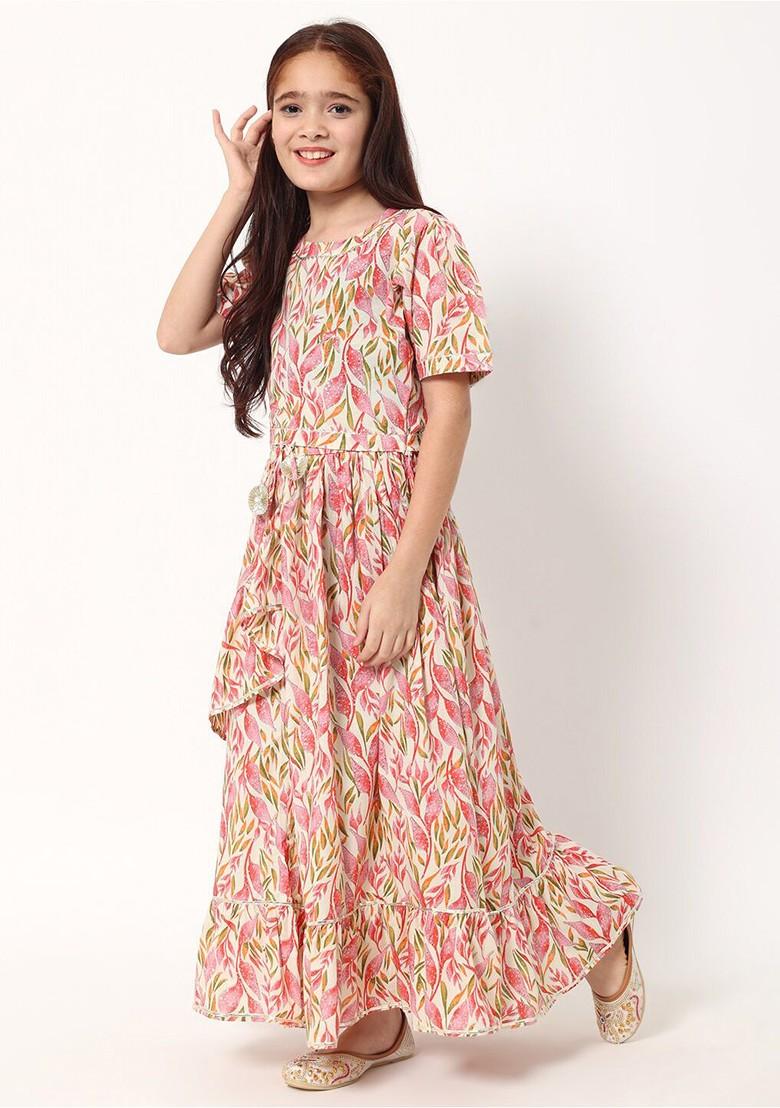 Cream Printed Blended Lehenga Choli For Girls - Indya