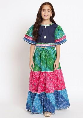 Blue Printed Cotton Blend Lehenga Choli For Girls