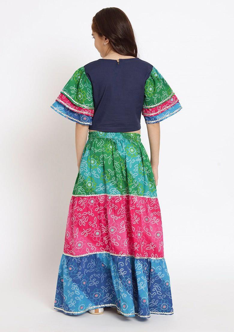 Blue Printed Cotton Blend Lehenga Choli For Girls - Indya