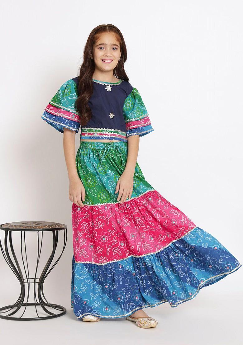 Blue Printed Cotton Blend Lehenga Choli For Girls - Indya