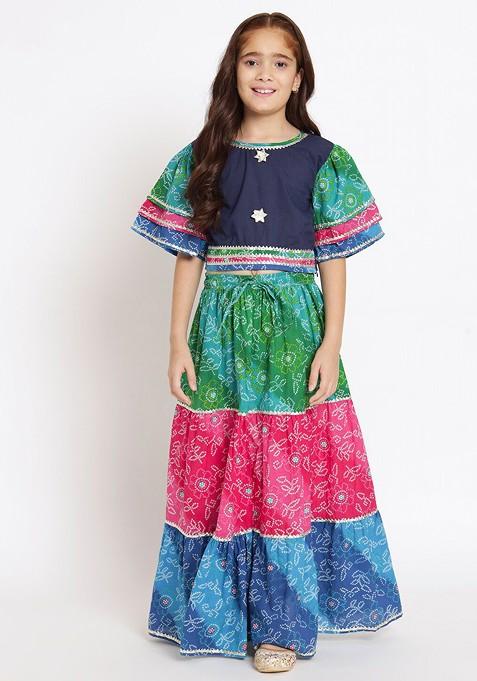 Blue Printed Cotton Blend Lehenga Choli For Girls