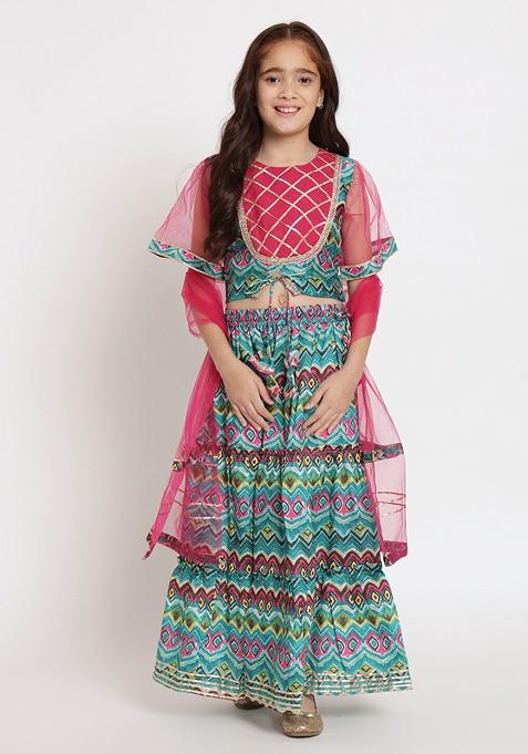 Green Printed Blended Lehenga Choli For Girls — view on Indya