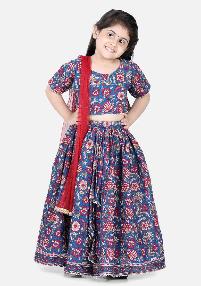 Blue Printed Cotton Blend Lehenga Choli For Girls - Indya