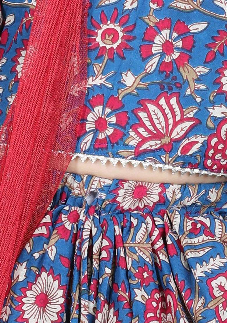 Blue Printed Cotton Blend Lehenga Choli For Girls - Indya