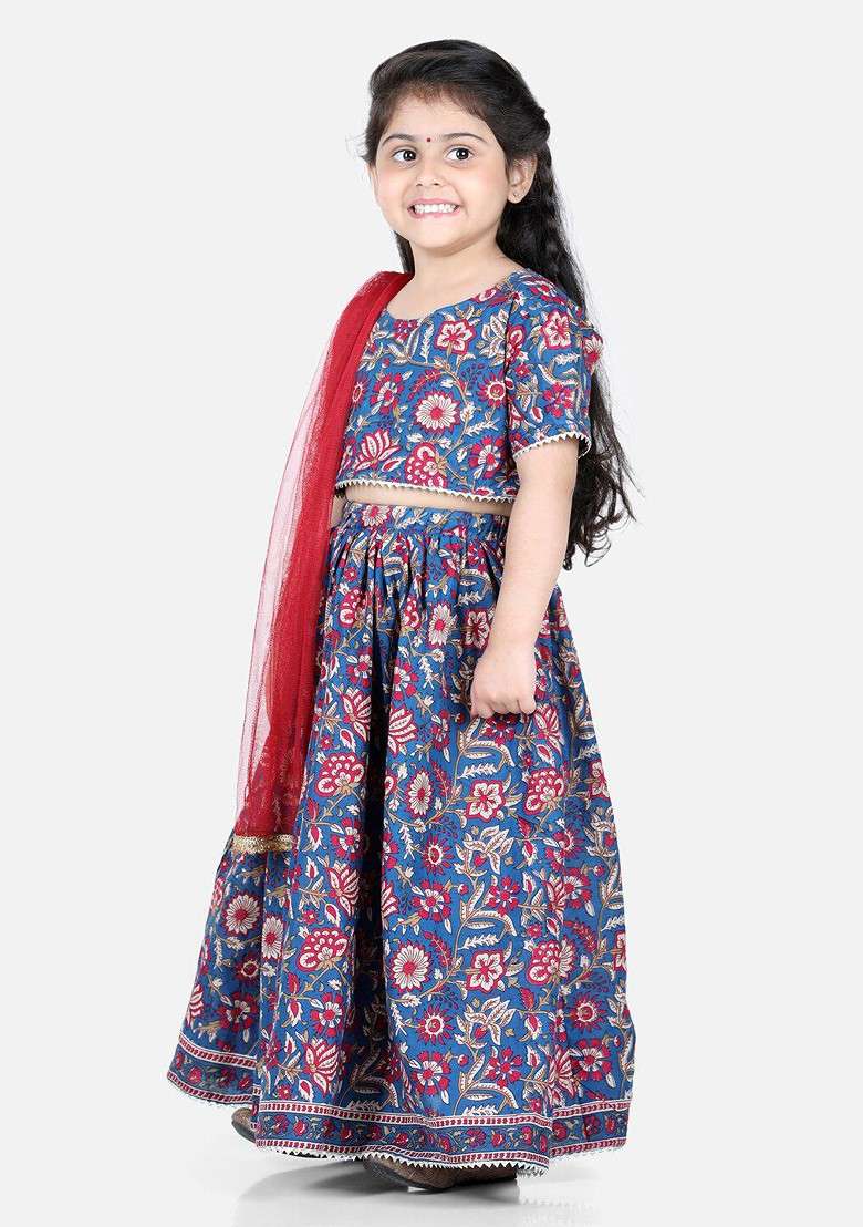 Blue Printed Cotton Blend Lehenga Choli For Girls - Indya