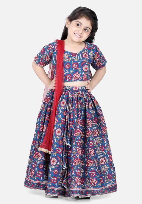 Blue Printed Cotton Blend Lehenga Choli For Girls