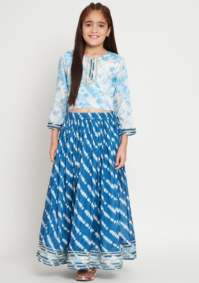 Blue Embroidered Blended Lehenga Choli For Girls - Indya