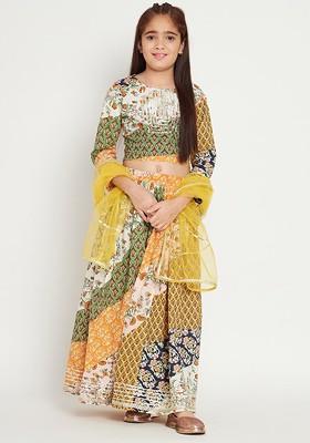 Yellow Printed Blended Lehenga Choli For Girls