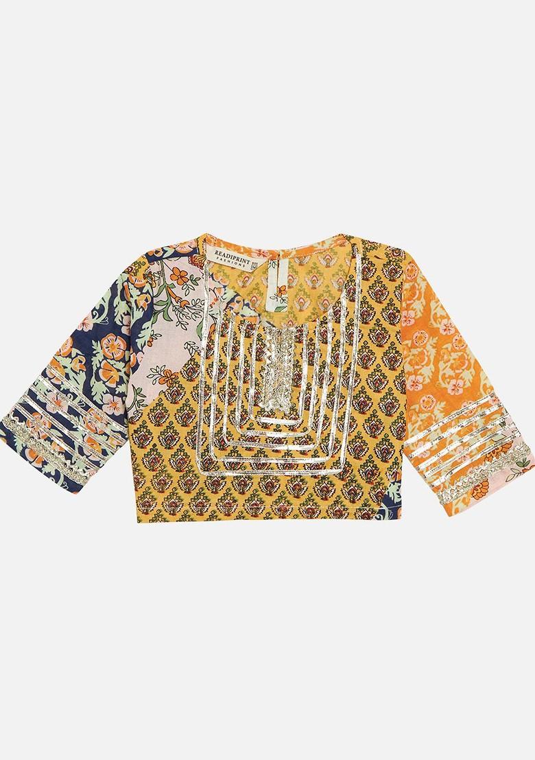 Yellow Printed Blended Lehenga Choli For Girls - Indya