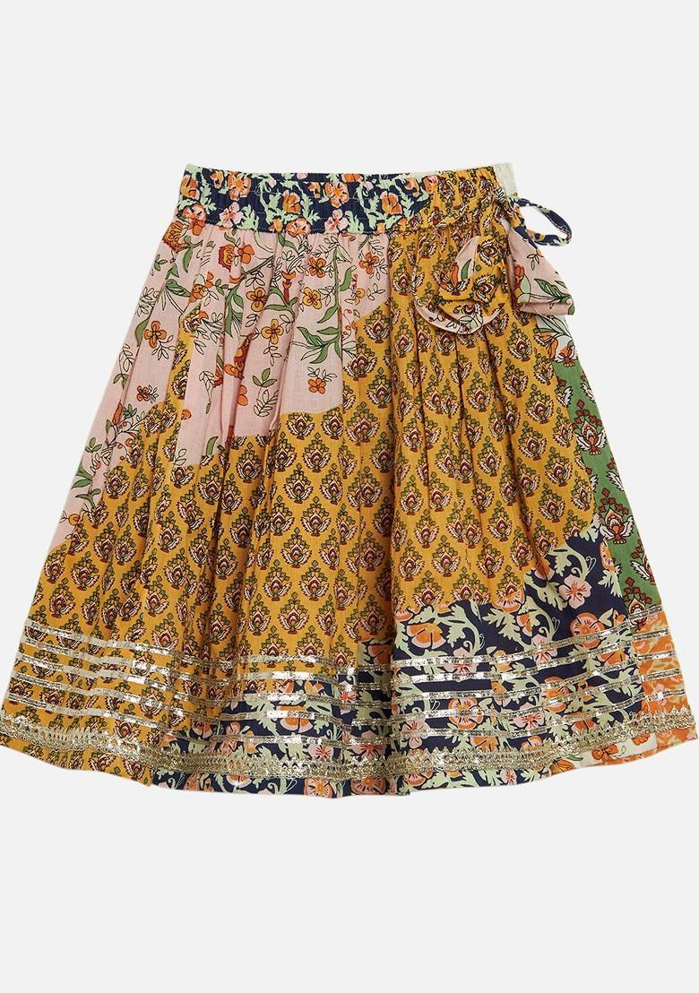 Yellow Printed Blended Lehenga Choli For Girls - Indya