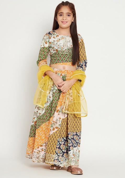 Yellow Printed Blended Lehenga Choli For Girls — view on Indya