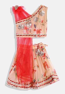 Peach Printed Blended Lehenga Choli For Girls