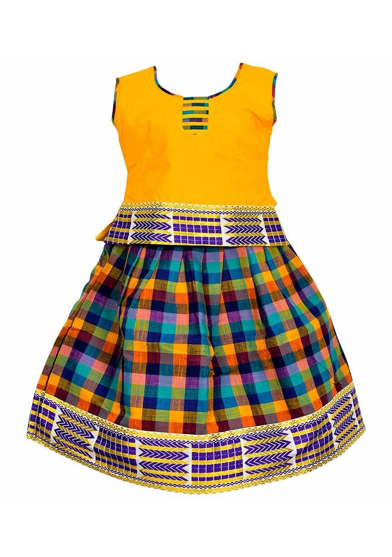 Yellow Embroidered Cotton Blend Lehenga Choli For Girls - Indya