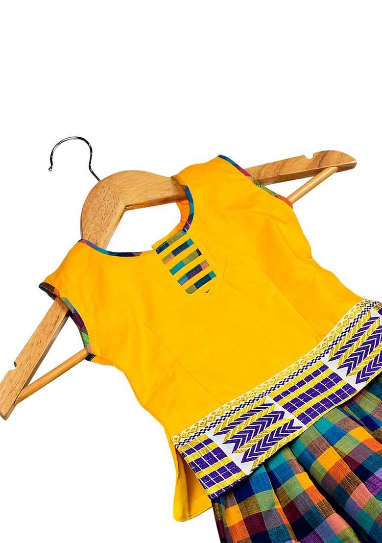 Yellow Embroidered Cotton Blend Lehenga Choli For Girls - Indya