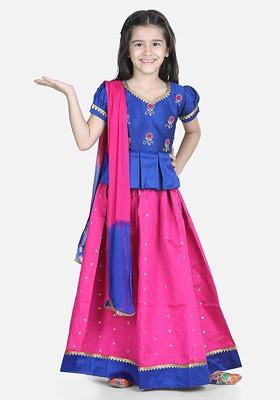 Blue Embroidered Blended Lehenga Choli For Girls
