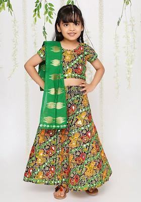 Black Embroidered Cotton Blend Lehenga Choli For Girls