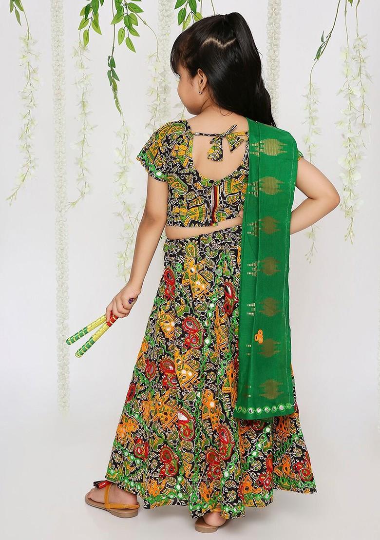 Black Embroidered Cotton Blend Lehenga Choli For Girls - Indya