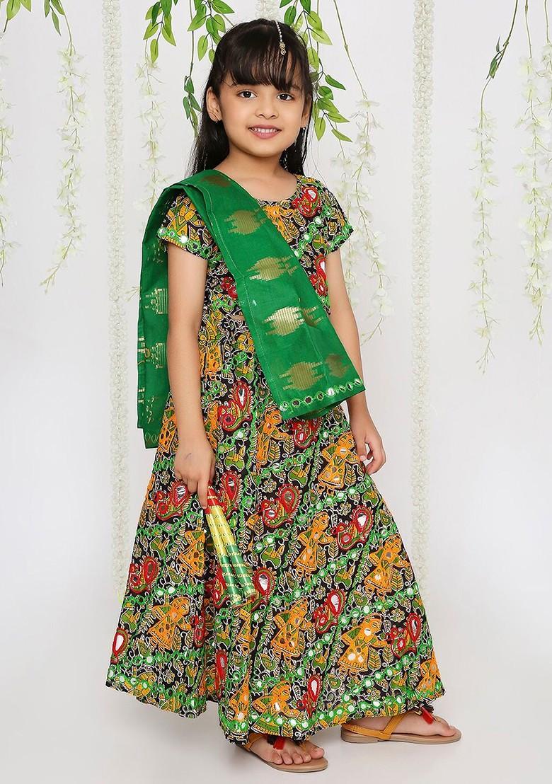 Black Embroidered Cotton Blend Lehenga Choli For Girls - Indya