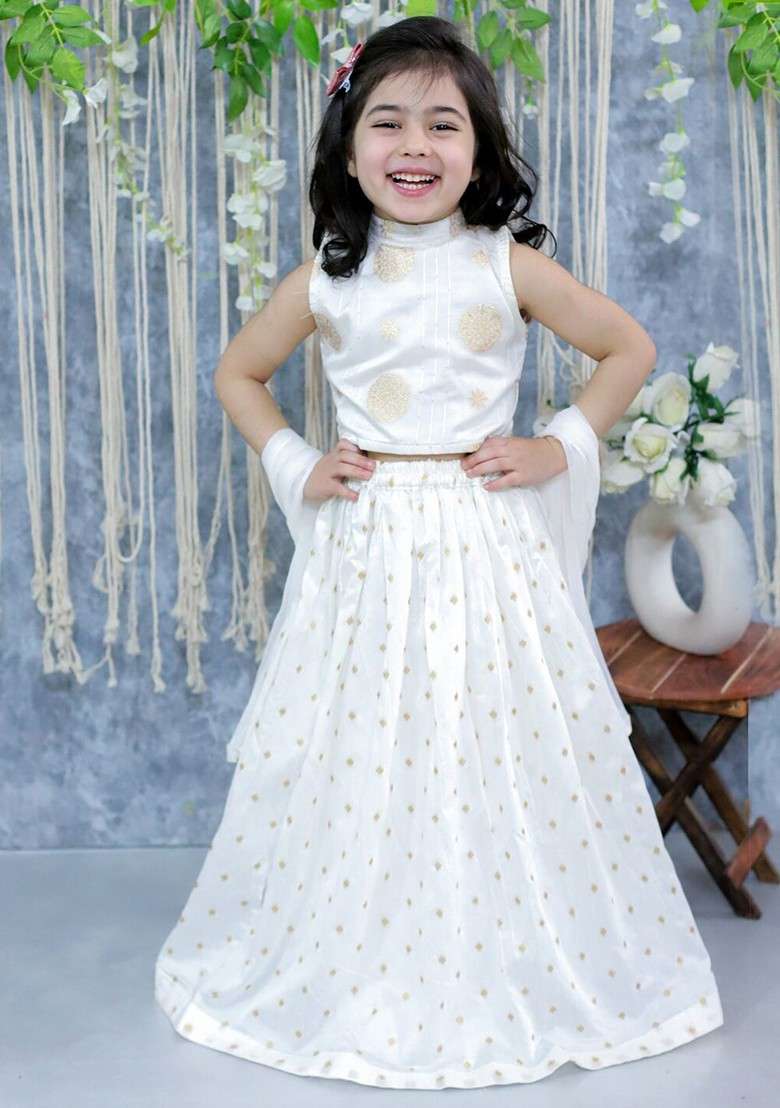 White Embroidered Blended Lehenga Choli For Girls - Indya