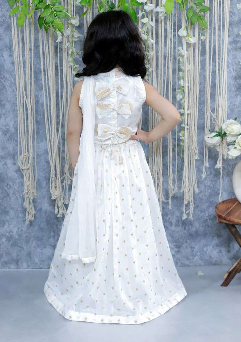 White Embroidered Blended Lehenga Choli For Girls - Indya
