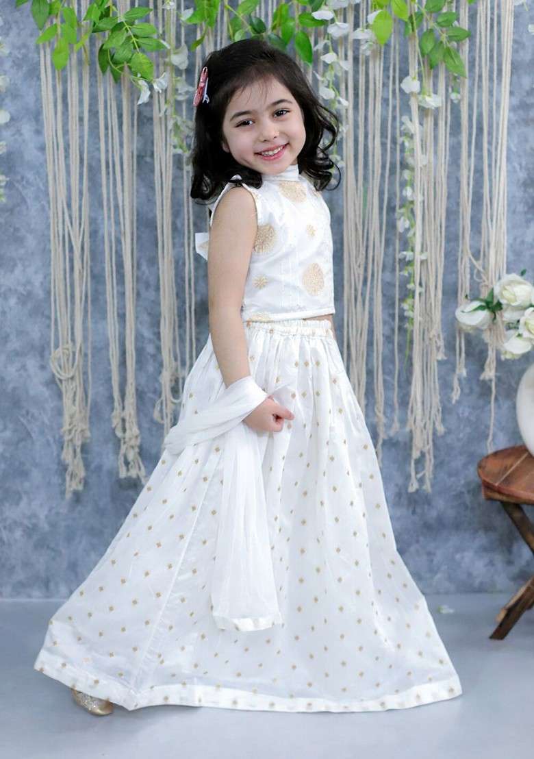 White Embroidered Blended Lehenga Choli For Girls - Indya