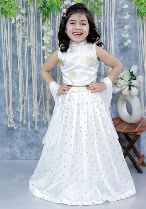White Embroidered Blended Lehenga Choli For Girls