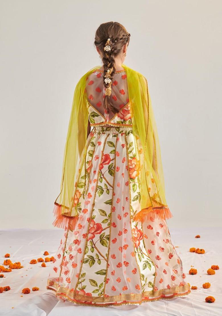 Orange Printed Blended Lehenga Choli For Girls - Indya
