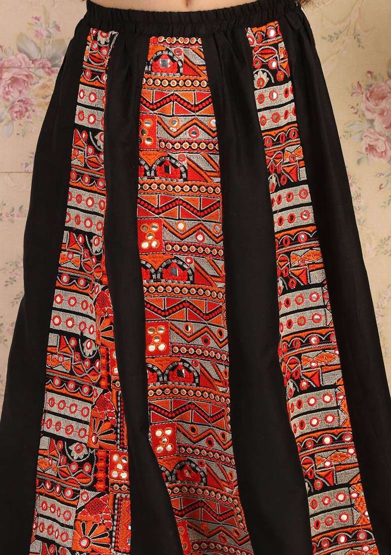 Black Embroidered Blended Lehenga Choli For Girls - Indya