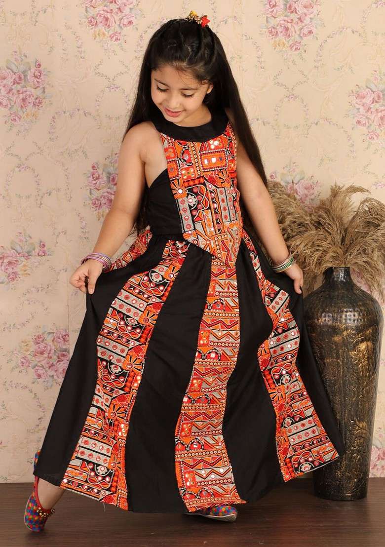 Black Embroidered Blended Lehenga Choli For Girls - Indya
