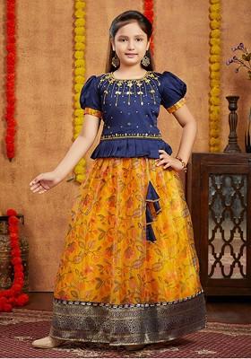 Navy Blue Embroidered Blended Lehenga Choli For Girls