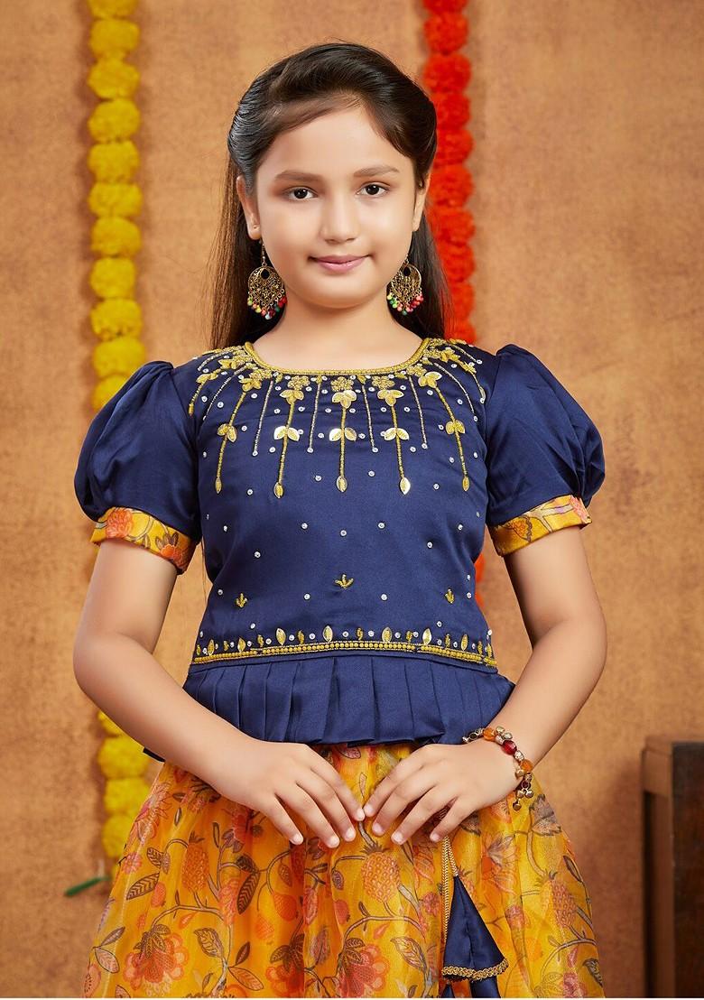 Navy Blue Embroidered Blended Lehenga Choli For Girls - Indya