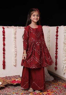 Maroon Embroidered Blended Lehenga Choli For Girls
