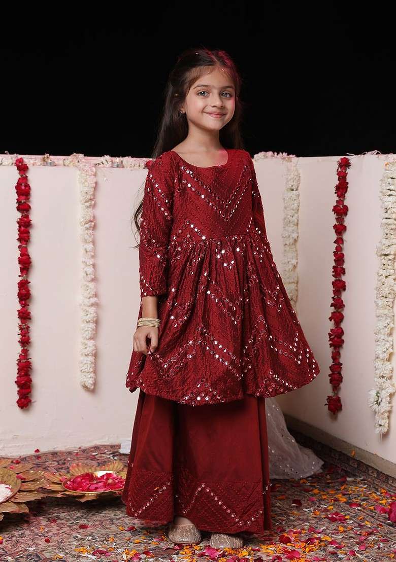 Maroon Embroidered Blended Lehenga Choli For Girls - Indya