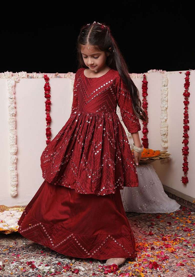 Maroon Embroidered Blended Lehenga Choli For Girls - Indya