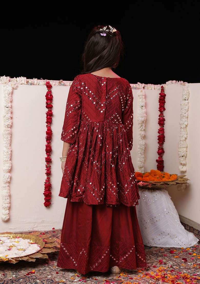 Maroon Embroidered Blended Lehenga Choli For Girls - Indya