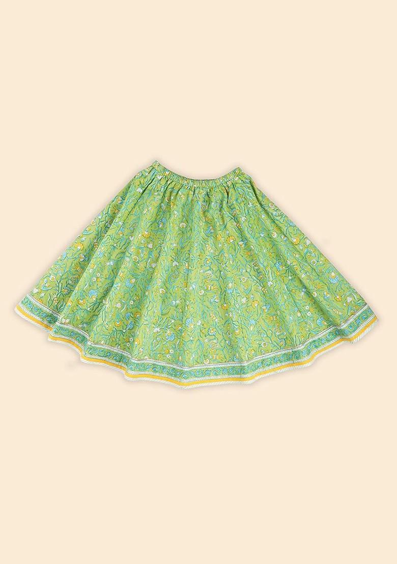 Green Embroidered Cotton Blend Lehenga Choli For Girls - Indya
