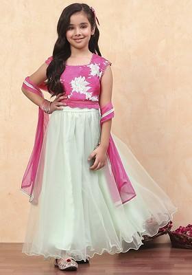 Green Printed Blended Lehenga Choli For Girls