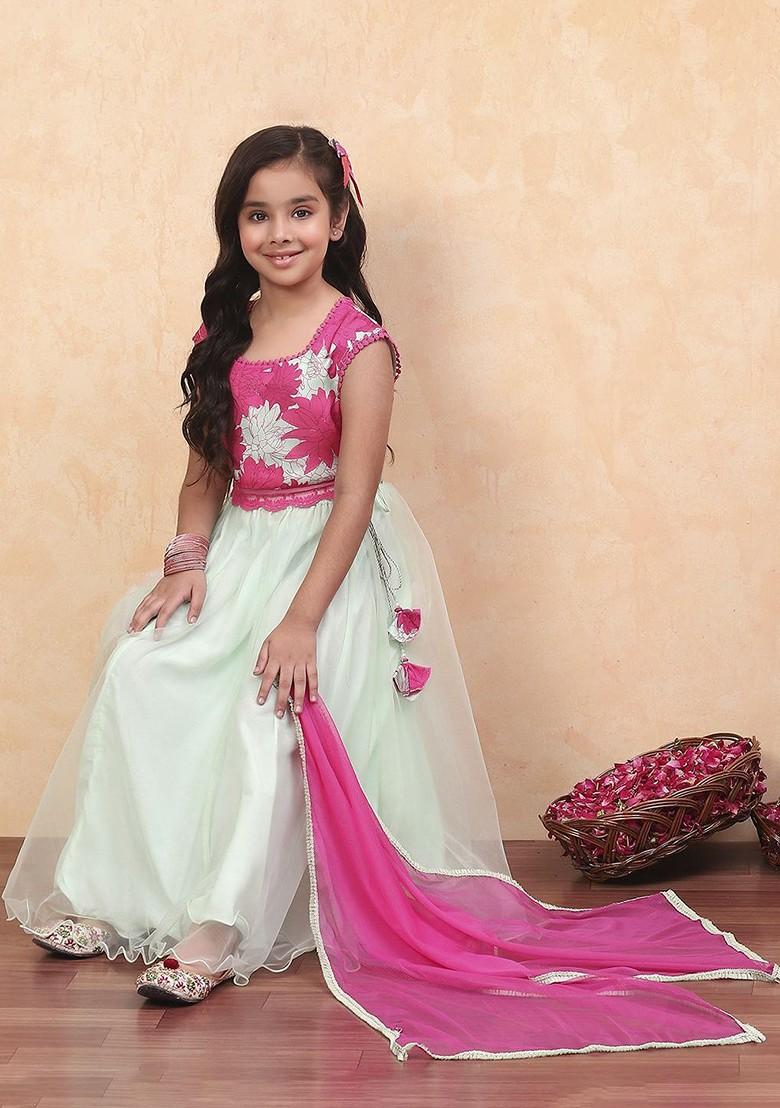Green Printed Blended Lehenga Choli For Girls - Indya